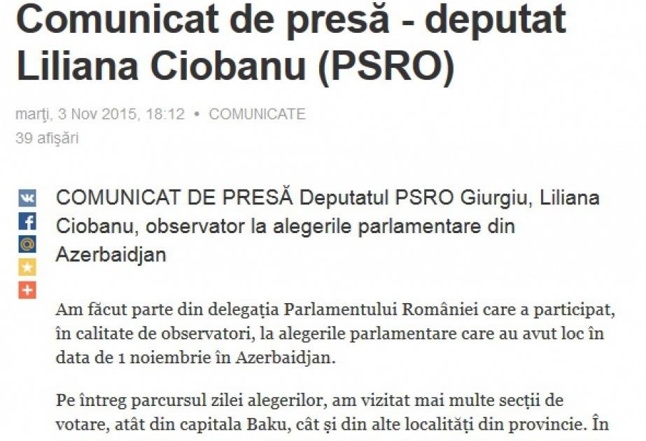 Rumın müşahidəçi Azərbaycanda keçirilən parlament seçkiləri barədə açıqlama verib