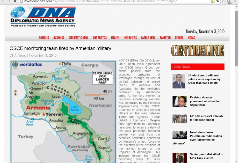 Pakistani media: OSCE monitoring team fired by Armenian military