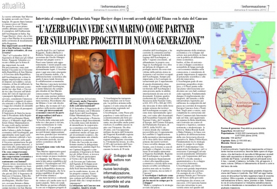 San-Marinonun “L’İnformazione” qəzetinin oxucuları Azərbaycan həqiqətləri barədə məlumatlandırılıb