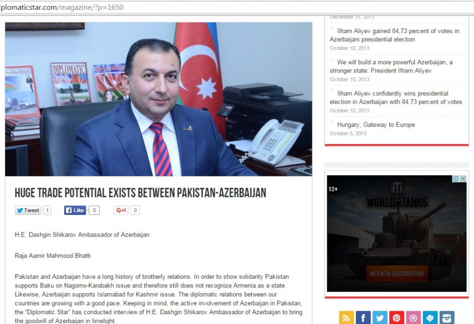 Pakistanın “Diplomatic Star” jurnalı Azərbaycan səfirinin müsahibəsini dərc edib