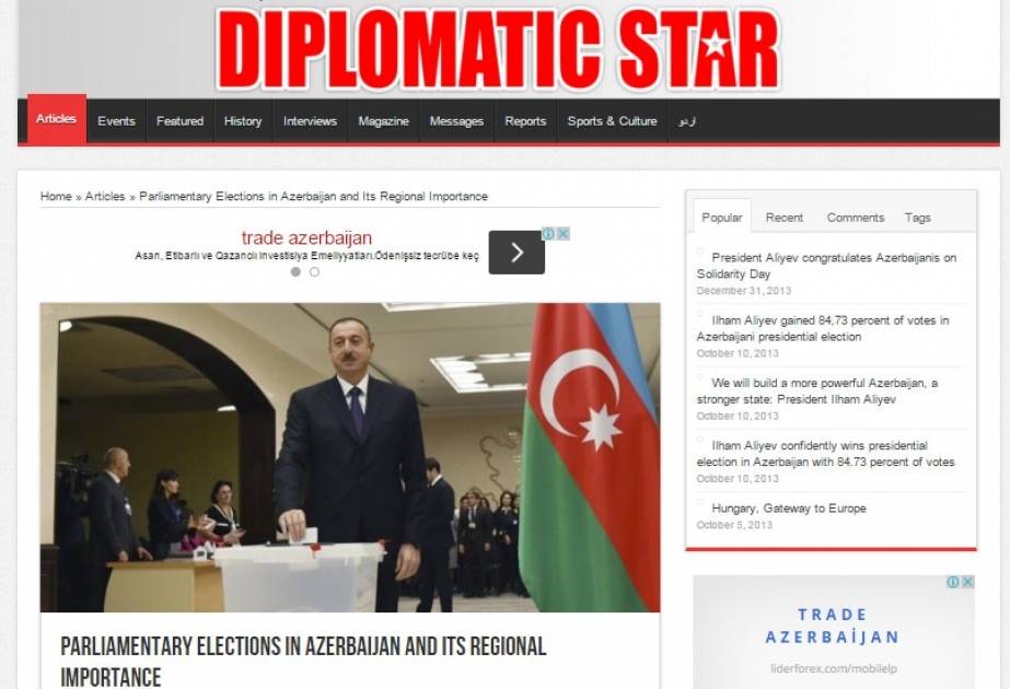 Pakistanın “Diplomatic Star” jurnalında Milli Məclisə seçkilərlə bağlı məqalə dərc edilib
