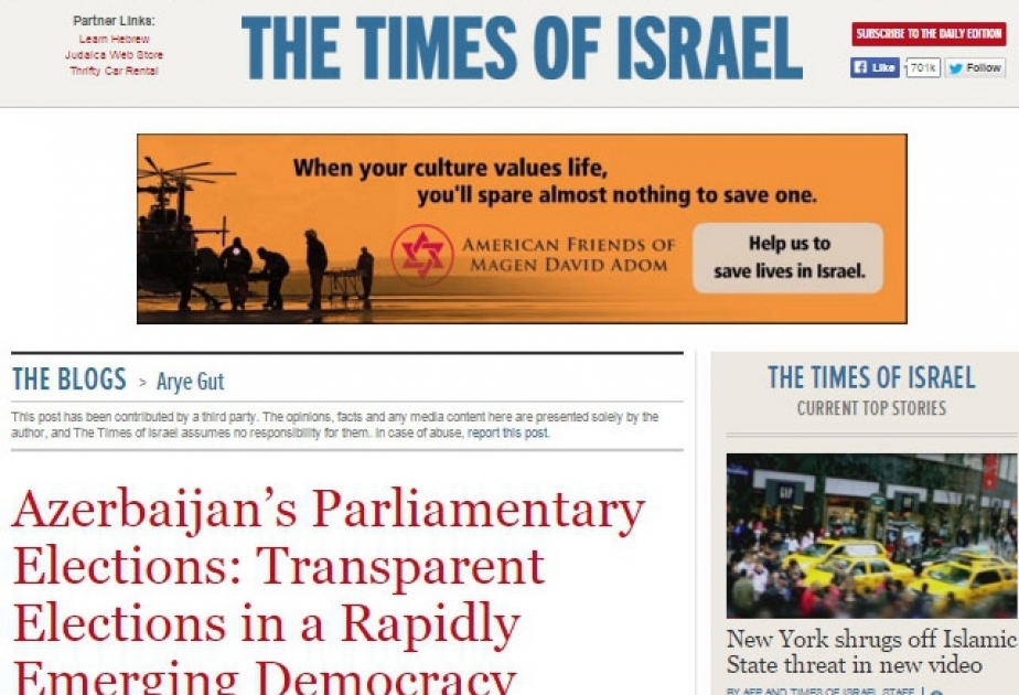 “The Times of Israel”: sürətlə inkişaf edən demokratik Azərbaycanda şəffaf seçkilər