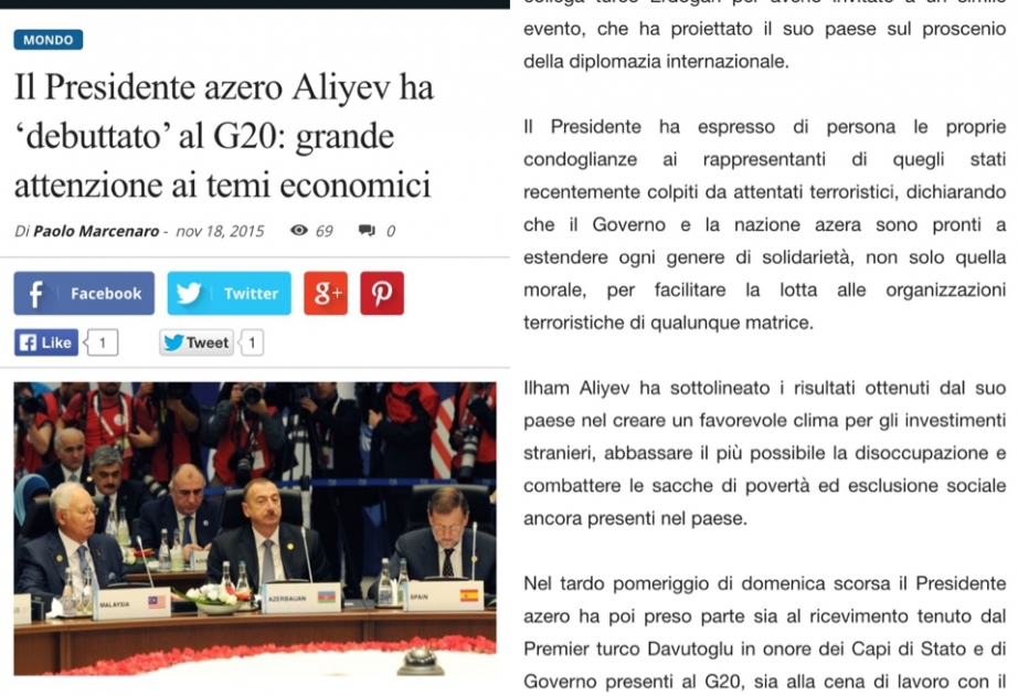 Opinione Publica新闻网站刊登阿塞拜疆总统参加安塔利亚峰会文章