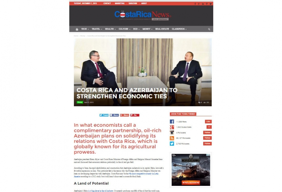 Kosta-Rika naziri Azərbaycan ilə əməkdaşlığın möhkəmləndirilməsi planlarından bəhs edir