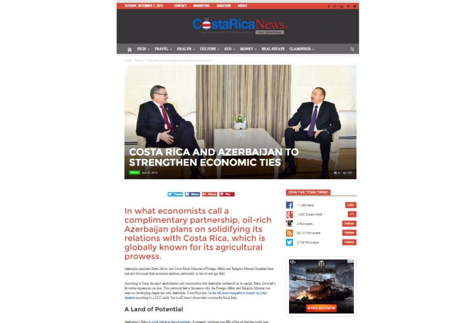 Costa Rican News highlights the country`s FM`s visit to Azerbaijan