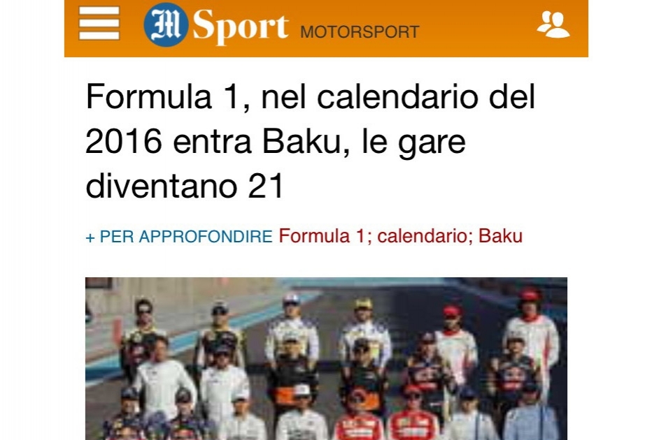 Bakıda keçiriləcək “Formula-1” Qran-prisi növbəti dəfə İtaliya mətbuatında