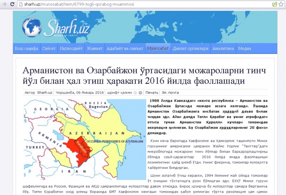 Uzbek news portal publishes article highlighting Nagorno-Karabakh conflict