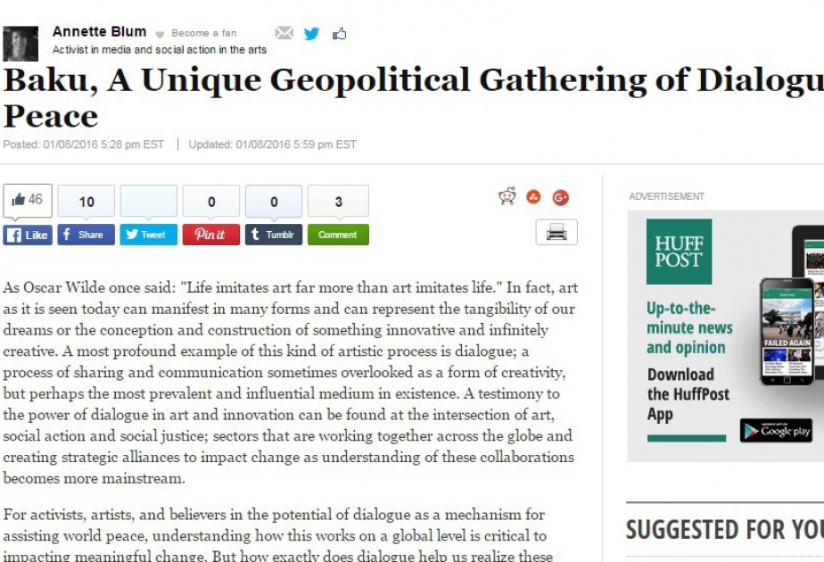 “Huffington Post”: “Bakı – dialoqun və sülhün unikal vəhdəti”