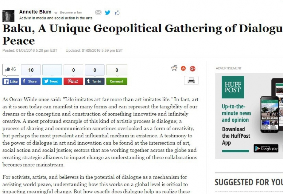 Huffington Post: „Baku -unikaler Zusammenshluß von Dialog und Frieden“