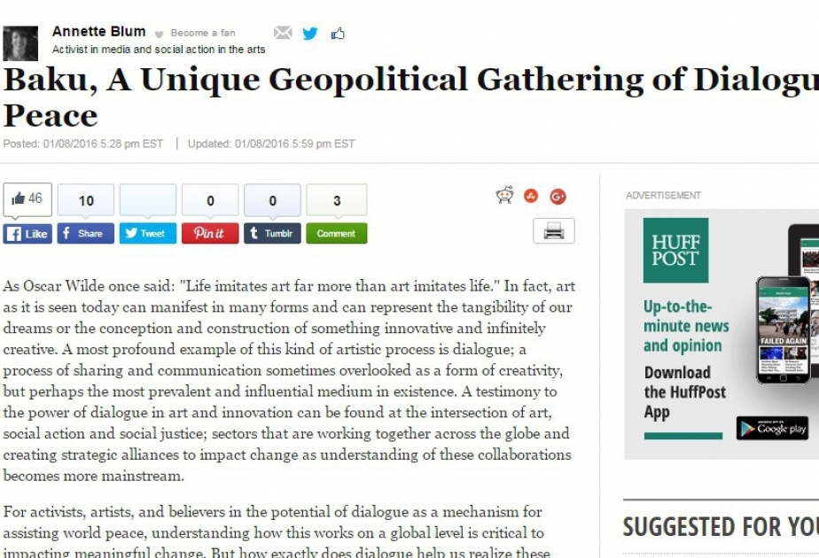 The Huffington Post: Baku, a unique geopolitical gathering of dialogue and peace