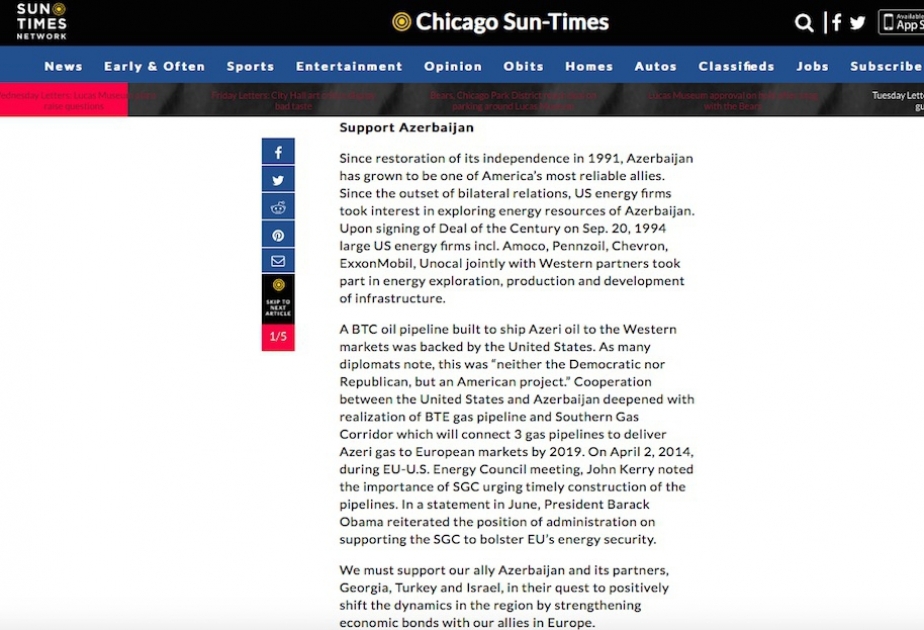 “Chicago Sun Times” qəzetində ABŞ-Azərbaycan əməkdaşlığı haqqında məqalə dərc edilib