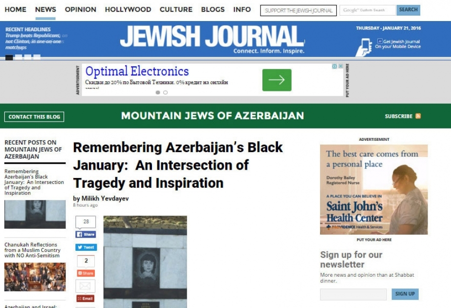 ABŞ-ın “Jewish Journal” qəzetində 20 Yanvar faciəsindən bəhs edən məqalə dərc edilib