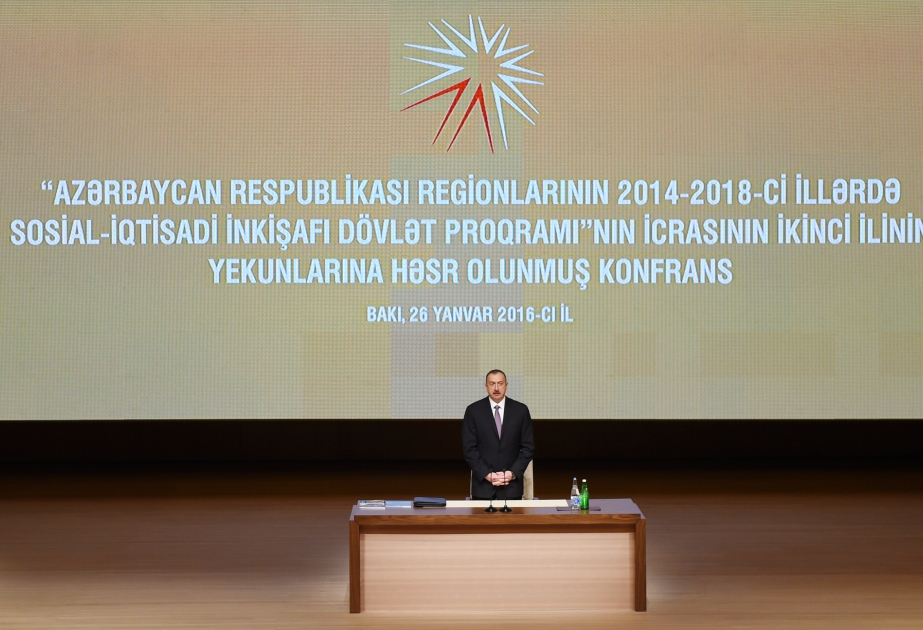 Regionların 2014-2018-ci illərdə sosial-iqtisadi inkişafı Dövlət Proqramının icrasının ikinci ilinin yekunlarına həsr olunmuş konfrans keçirilib Prezident İlham Əliyev konfransda iştirak edib VİDEO