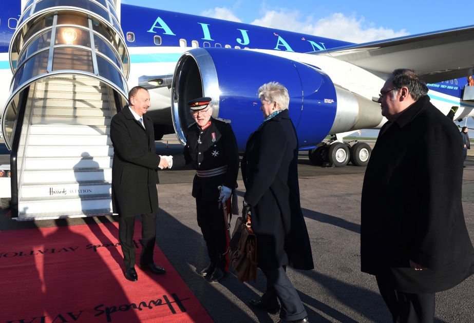 President Ilham Aliyev arrived in UK for a visit VIDEO
