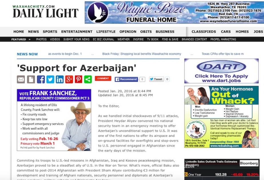 Американская газета опубликовала статью о важности Азербайджана для США