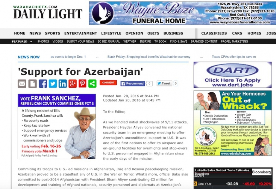 “Daily Light” qəzetində Azərbaycanın ABŞ üçün əhəmiyyətindən söz açan məqalə dərc olunub