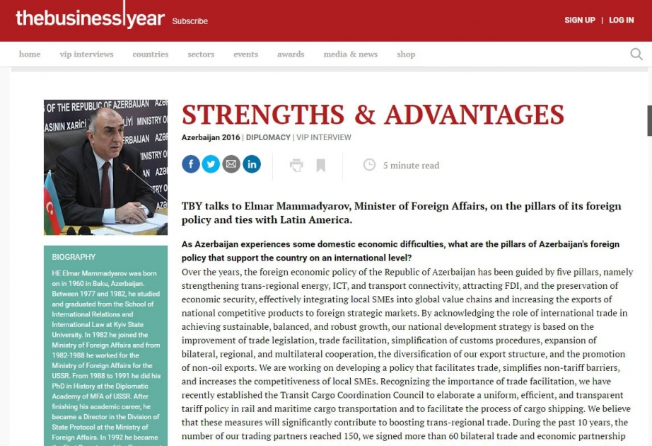 Azerbaijani FM interviewed by The Business Year