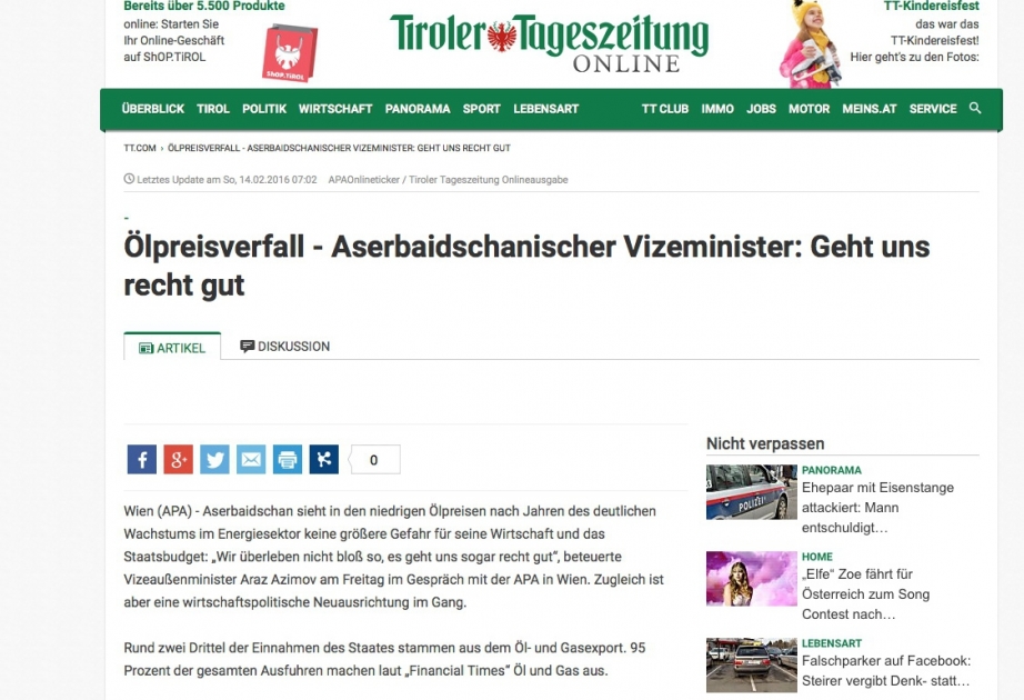 Tiroler Tageszeitung: Aserbaidschan sieht in den niedrigen Ölpreisen keine größere Gefahr für seine Wirtschaft