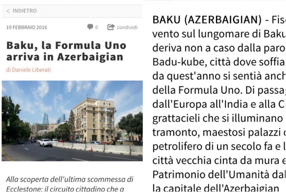 “Corriera Della Sport” qəzeti Bakıda keçiriləcək “Formula-1” üzrə Avropa Qran-pri yarışlardan bəhs edir