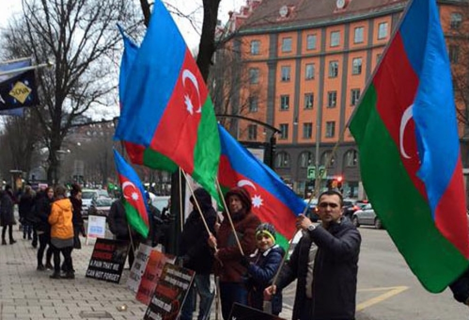 Azerbaijani diaspora activists hold rally outside Armenian Embassy in Stockholm