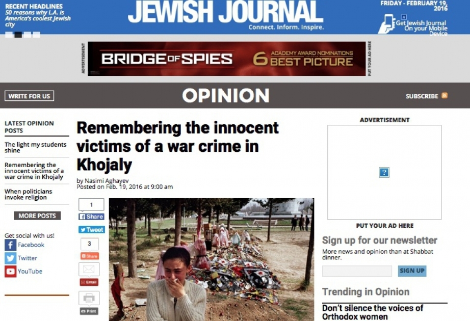 “Jewish Journal” qəzeti: “Xocalıdakı müharibə cinayətinin günahsız qurbanlarını anarkən”