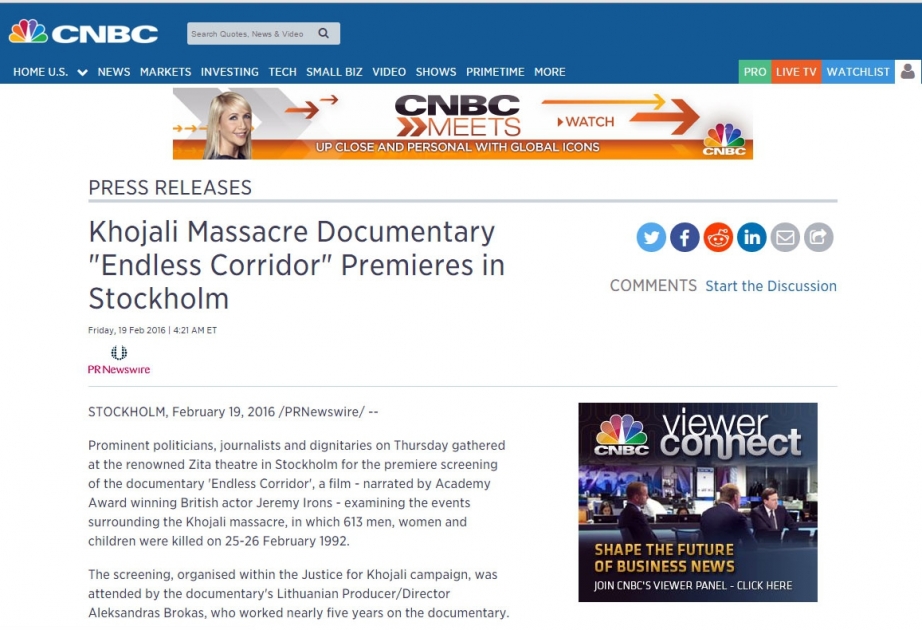 ABŞ-ın məşhur CNBC kanalı “Sonsuz dəhliz” filminin İsveçdəki premyerasından bəhs edir