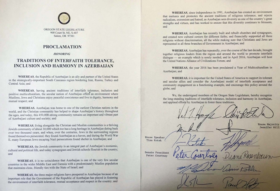 Oregon State Legislature commends Azerbaijan's exemplary model of interfaith tolerance and harmony