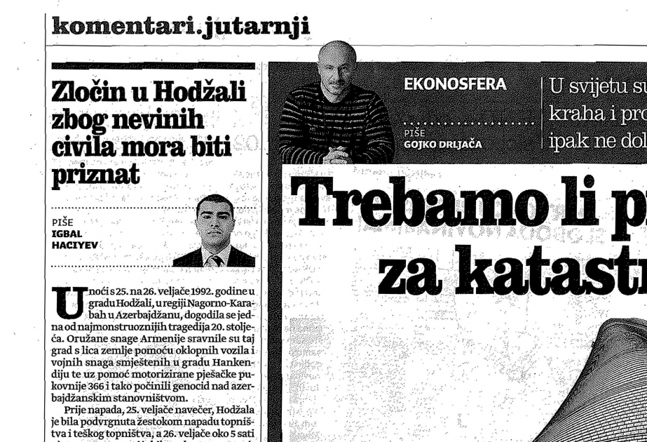 Xorvatiya qəzetində AZƏRTAC-ın xüsusi müxbirinin Xocalı soyqırımına dair məqaləsi dərc edilib