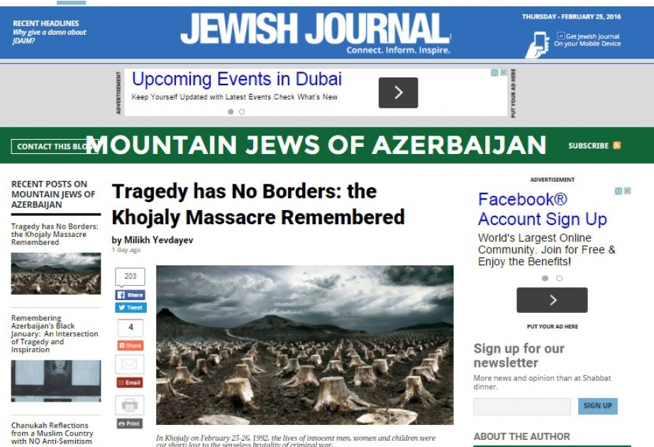 В издании Jewish Journal опубликована статья про Ходжалинский геноцид