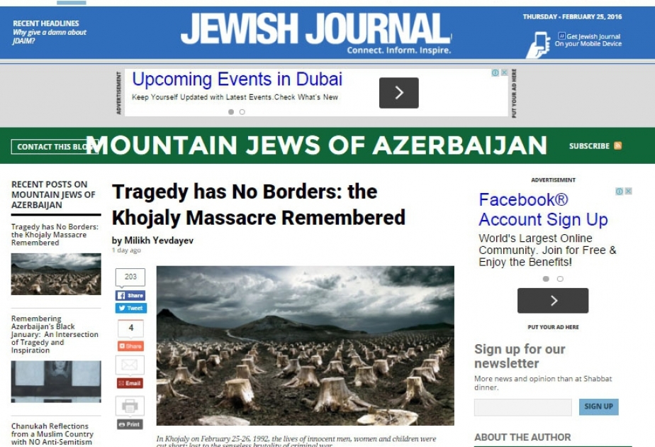 Amerikanın “Jewish Journal” qəzetində Xocalı soyqırımı haqqında məqalə dərc edilib
