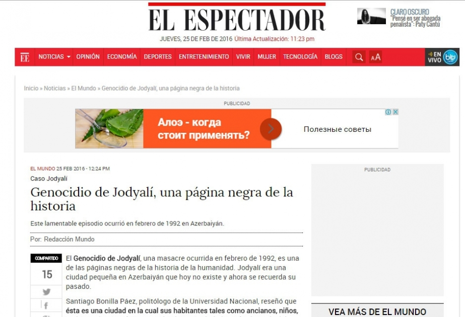 Kolumbiyanın “El Espectador” qəzetində “Xocalı soyqırımı, tarixin bir qara səhifəsi” adlı məqalə dərc edilib