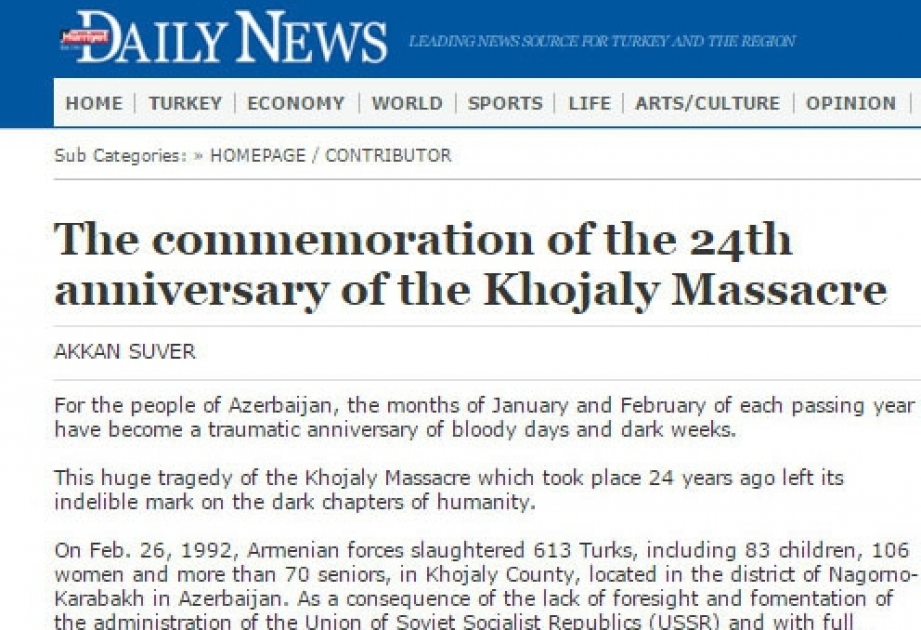 Hurriyet Daily News issues article about Khojaly massacre