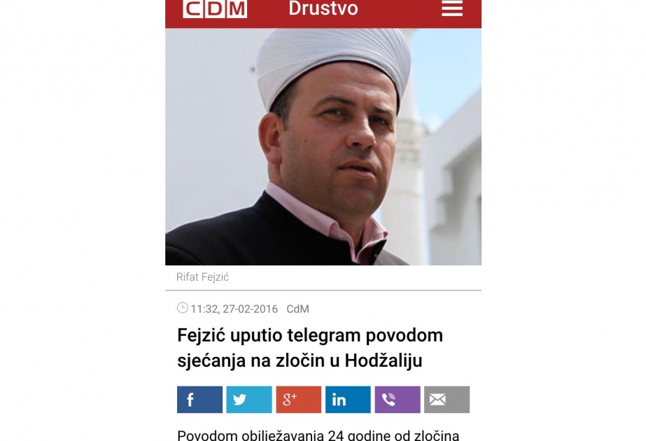 Monteneqrodakı İslam Birliyinin rəhbəri Xocalı soyqırımının qurbanlarını unutmamağa çağırıb