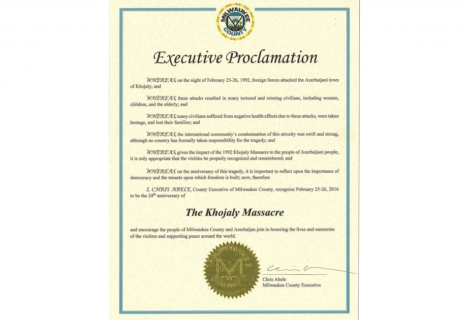 Округ Милуоки объявил 25-26 февраля годовщиной Ходжалинской резни