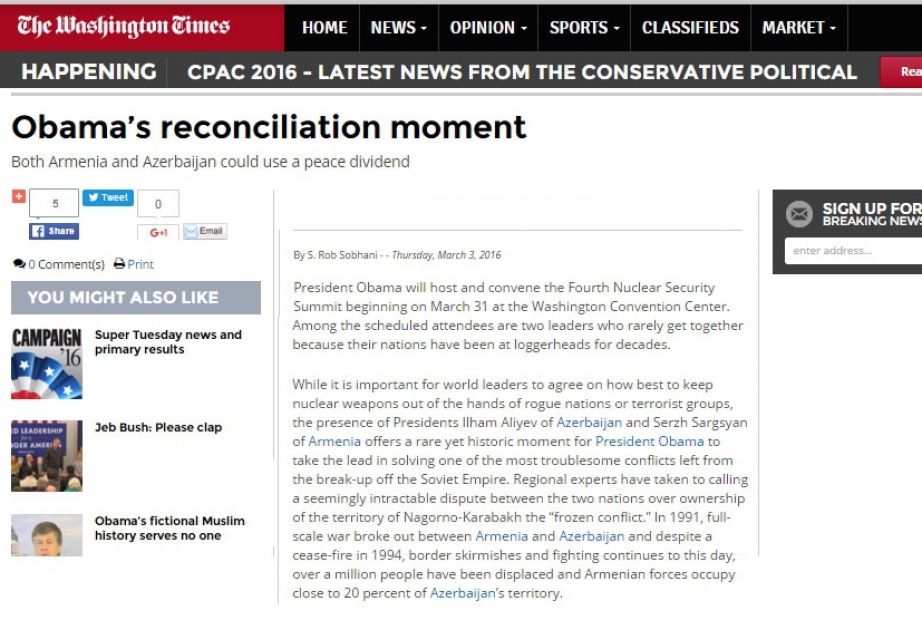 “The Washington Times”: Sülh dividendi Ermənistana və Azərbaycana mane olmazdı