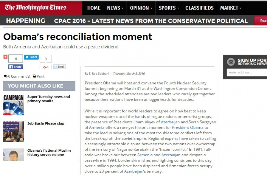 The Washington Times: Both Armenia and Azerbaijan could use a peace dividend