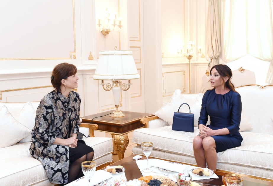 Treffen der First Lady von Aserbaidschan mit der Ehegattin von ungarischem Premierminister