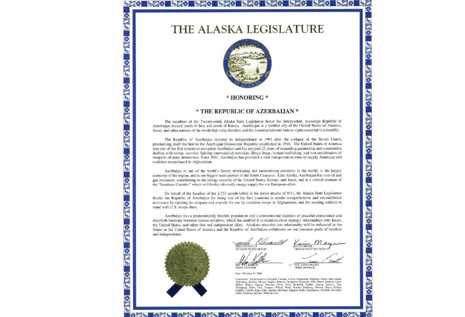 U.S. State of Alaska adopts proclamation on Azerbaijan