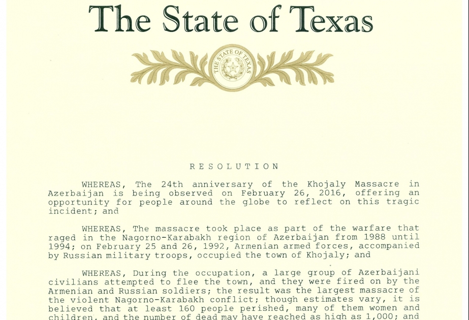 Член парламента Техаса распространил резолюцию по Ходжалинской трагедии
