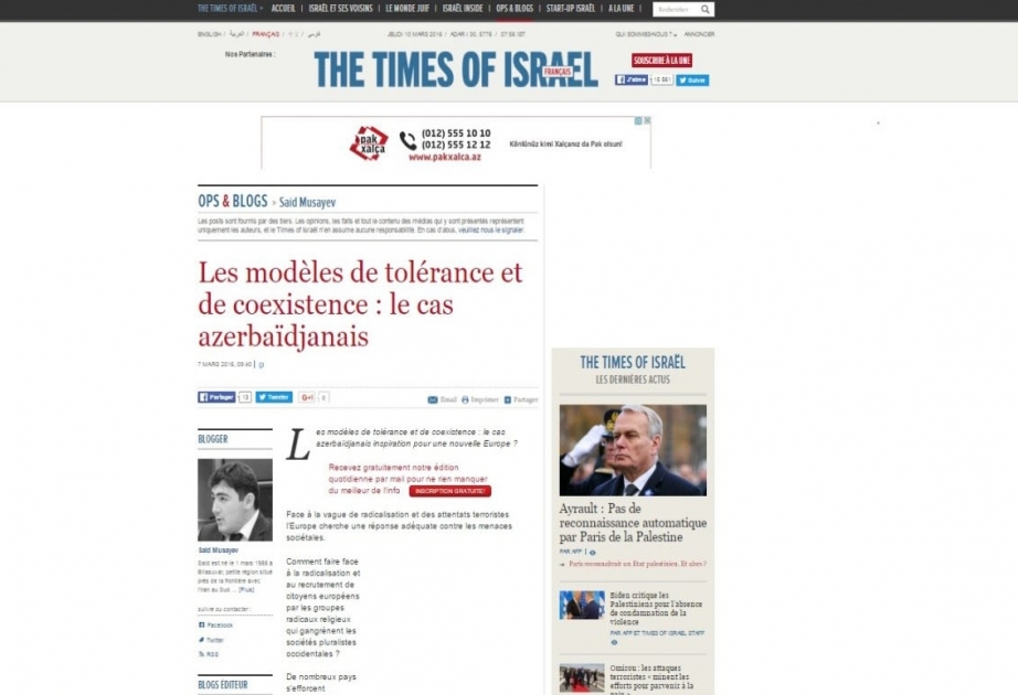 İsrail qəzeti Azərbaycanda dini tolerantlılığın Avropa üçün örnək olmasından yazır