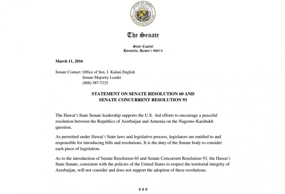 В Сенате американского штата Гавайи предотвращено принятие проармянских резолюций
