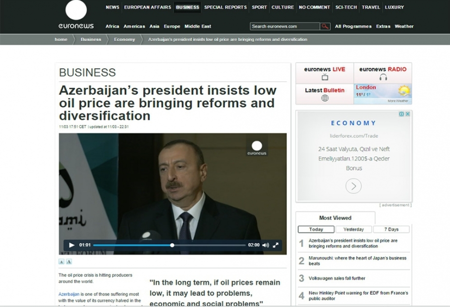 «Euronews» распространил интервью Президента Ильхама Алиева ВИДЕО