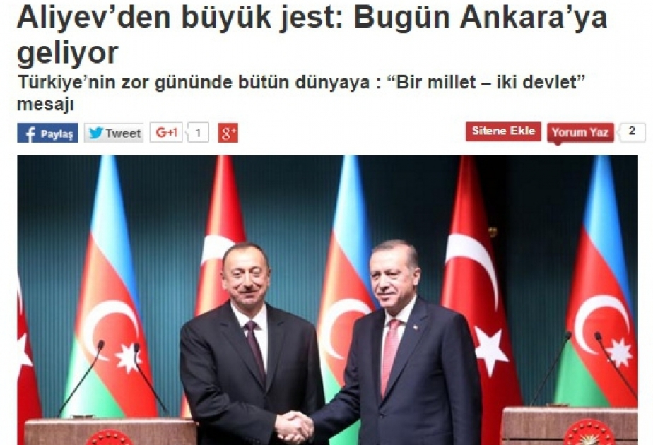 Azerbaijani President`s visit makes headlines in Turkey