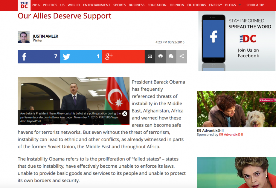 “The Daily Caller”: ABŞ-ın etibarlı müttəfiq olan Azərbaycanı dəstəkləməsi vacibdir