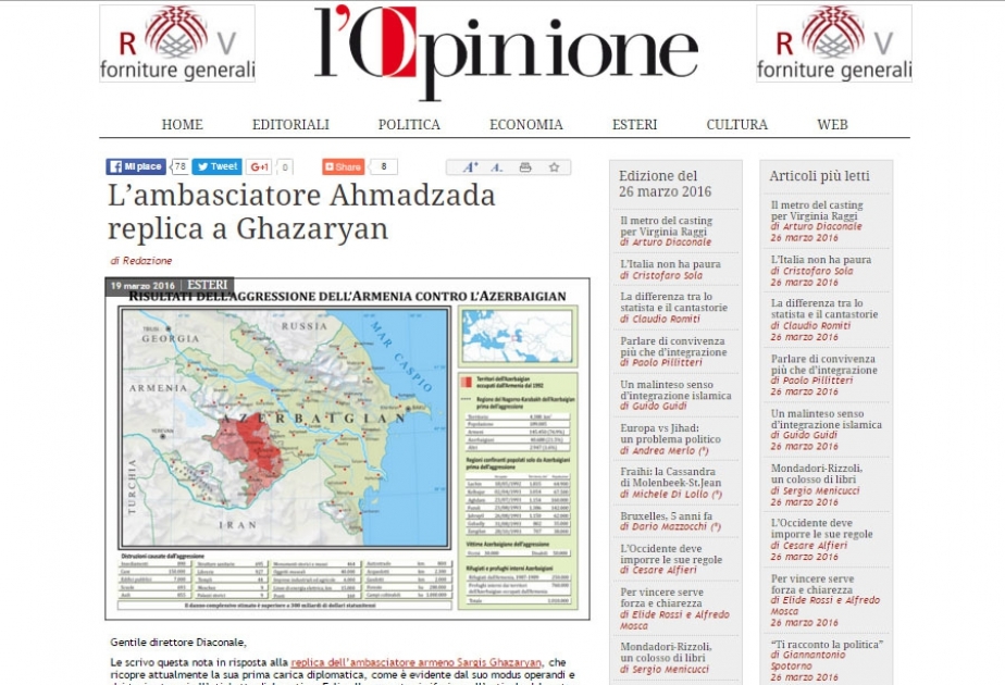Azərbaycanın İtaliyadakı səfirindən erməni səfirinin cəfəng iddialarına tutarlı cavab