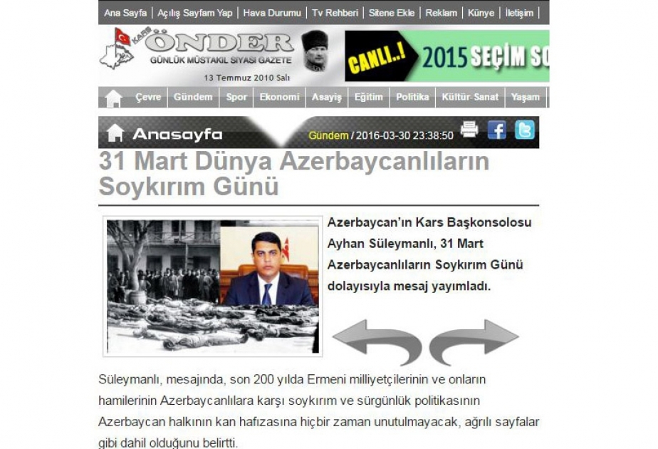 Azərbaycan diplomatının 31 mart soyqırımına dair məqaləsi Türkiyə mətbuatında geniş işıqlandırılıb