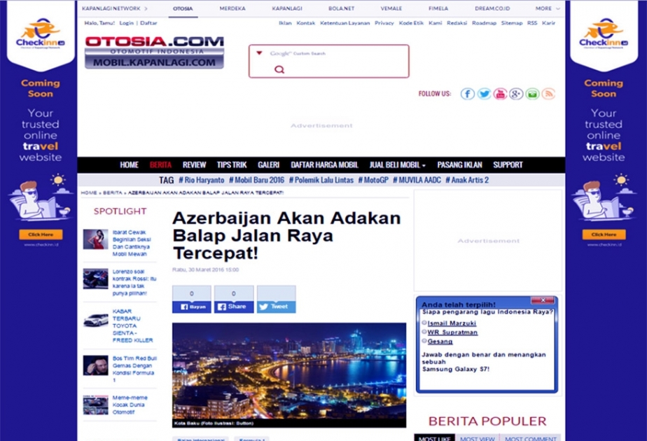 İndoneziya portalı Bakıda keçiriləcək “Formula-1” üzrə Avropa Qran-pri yarışı haqda məqalə yayıb