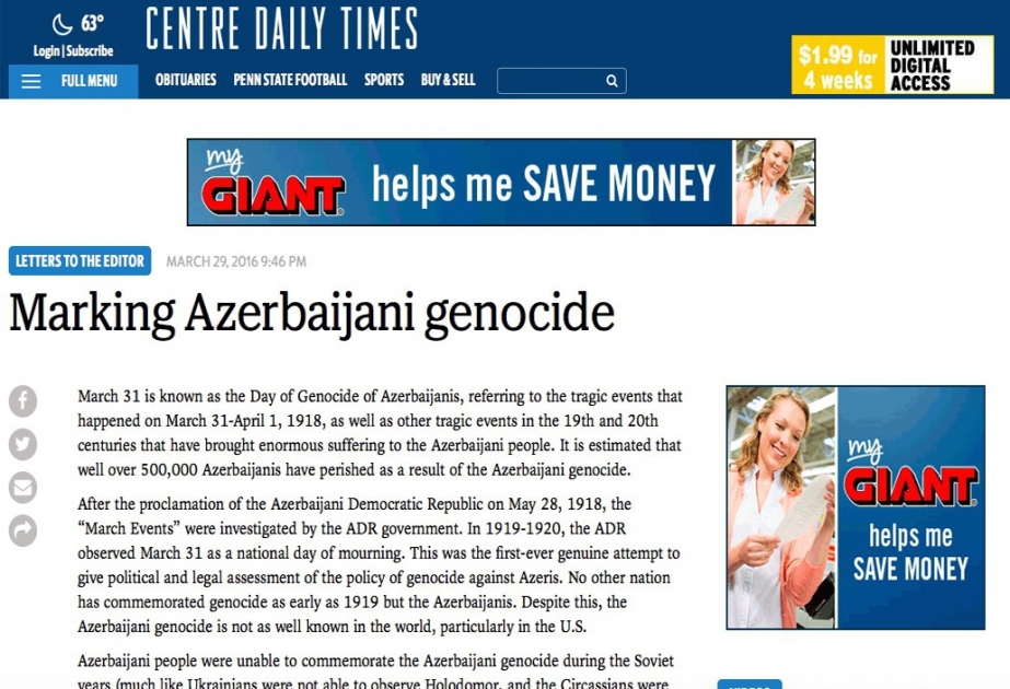 “Centre Daily News” qəzeti azərbaycanlıların soyqırımı haqında məqalə dərc edib