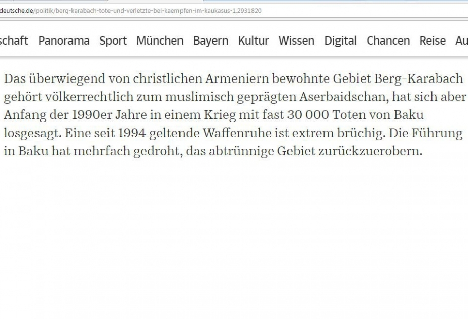 Nüfuzlu alman qəzeti Qarabağın Azərbaycan ərazisi olduğunu xatırladıb