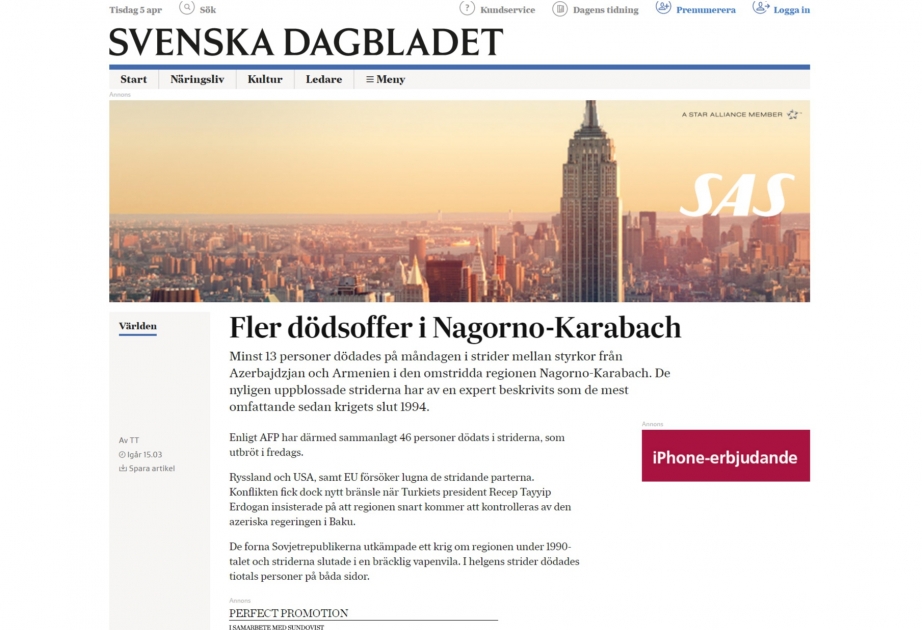 İsveç mətbuatı Dağlıq Qarabağda baş verən hadisələrdən bəhs edir